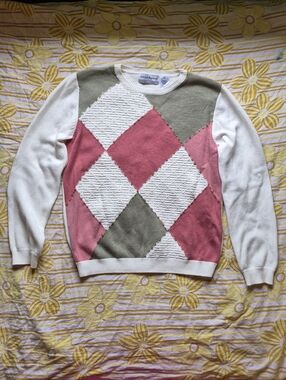 Alfred Dunner Colorblock Argyle Sweater in Pink, White & Olive